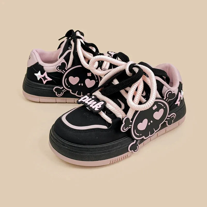 *CLEARANCE* Deadly Pink Skull Black Chunky Sneakers - Women's