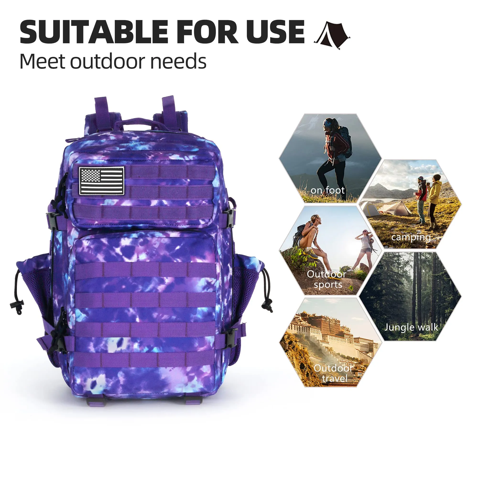 Lovelinks21 45L Tactical Assault Backpack 3 day assault pack with Molle Waterproof backpack Rucksack for Tactical Backpacks (Purple Camo)
