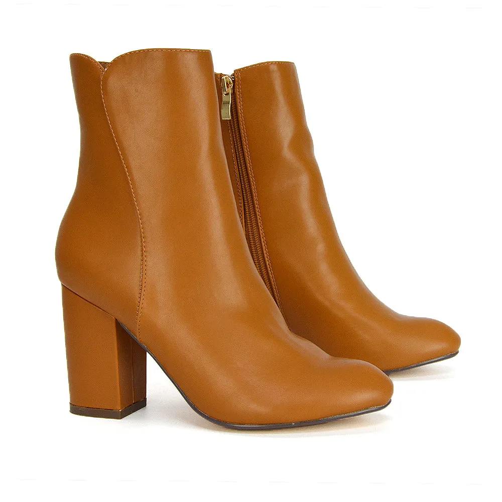 Rayla Pointed Toe Zip-Up Mid Block High Heel Ankle Boots in Black Synthetic Leather
